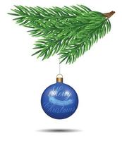 bola de árbol de navidad azul colgando de una rama de abeto verde. sobre un fondo transparente. plantilla para texto, elemento de diseño, espacio de copia, postal, redes sociales, diseño de portada. año nuevo y navidad vector