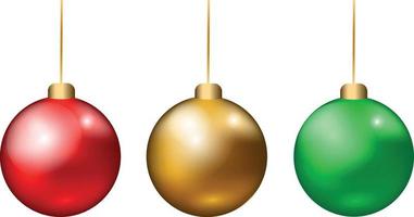 Set of realistic Christmas decoration balls, red, gold and green on a string. Transparent background. vector