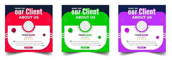 Customer feedback testimonial social media post web banner template. client testimonials social media post banner design template with red, green and purple color. vector