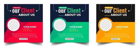 Customer feedback testimonial social media post web banner template. client testimonials social media post banner design template with red, green and yellow color. vector