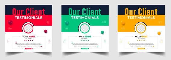 Customer feedback testimonial social media post web banner template. client testimonials social media post banner design template with red, green and yellow color. vector