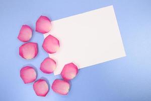 Pink rose petals with sheet for text on blue background. Holiday, Valentine's, International Women's and Mother's Day, March 8, Birthday. Copy space photo