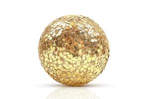 Gold festive shiny ball with large sparkles on white isolated background. Design element. Disco, Party, Christmas, New Year photo