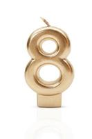 Gold number 8. Candle on white isolated background. International Women's Day, Birthday, Anniversary. Copy space photo