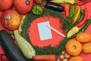 Vegetables are laid out around a sheet of paper and a pencil. Empty space for text. Vegetables, empty blank for recipe on a red background. photo