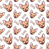 Cartoon pattern with the image of a dogs head of a toy terrier on a white background with the addition of treats, bones. Vector illustration
