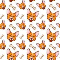 Cartoon pattern with the image of a dogs head of a red corgi on a white background with the addition of treats, bones. Vector illustration