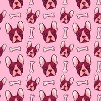 Cartoon pattern with the image of a French bulldog dogs head on a pink background with the addition of dainties, bones. Vector illustration