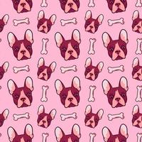 Cartoon pattern with the image of a French bulldog dogs head on a pink background with the addition of dainties, bones. Vector illustration