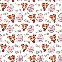 Cartoon pattern with the image of a Jack Russell terrier dogs head on a white background with the addition of treats, bones. Vector illustration