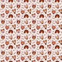 Cartoon pattern with dog heads and woof text. Love for pets. Vector illustration
