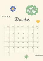 The page with the month December 2023 with retro stickers in bright tones. Vertical poster in a geometric style. Vector illustration design