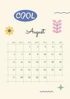The page with the month August  2023 with retro stickers in bright tones. Vertical poster in a geometric style. Vector illustration design