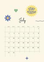 The page with the month July 2023 with retro stickers in bright tones. Vertical poster in a geometric style. Vector illustration design