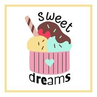 texto de dulces sueños con tazón de helado en estilo dibujado a mano vector