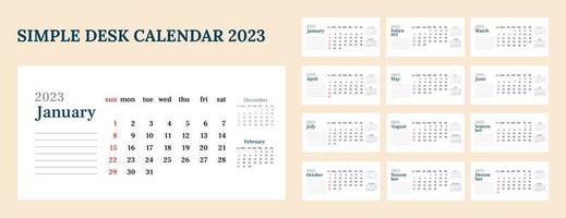 Simple desk horizontal calendar 2023. et of 12 months, cover and one sheet of the year. Week start on Sunday. Vector minimalist template