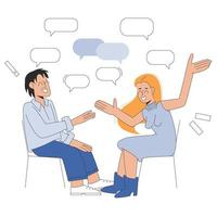 A productive dialogue between a man and a woman. Two people are sitting on chairs and talking. Vector illustration on a white background in flat style.