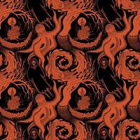 BLACK AND ORANGE VECTOR SEAMLESS PATTERN OF DIFFERENT PHANTASMAGORIC SCARY CREATURES OF THE ANIMAL AND AQUATIC WORLD