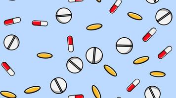 Seamless pattern texture of endless repetitive medicine tablets pills dragee capsules and medication plates with vitamins on a blue background flat lay. Vector illustration