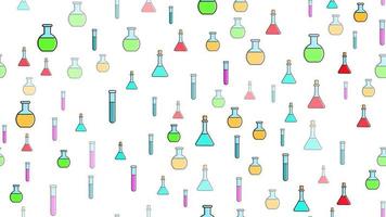 Seamless pattern texture of endless repeating multi-colored medical chemical glass scientific test tubes of flasks of different shapes on white background. Vector illustration