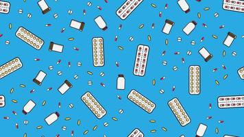 Seamless pattern texture of endless repetitive medicine tablets pills dragee capsules records cans of packs with medicines vitamins drugs on a blue background flat lay top view. Vector illustration