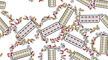 Seamless pattern texture of endless repetitive medicine tablets pills dragee capsules and medication plates with vitamins on a white background flat lay. Vector illustration