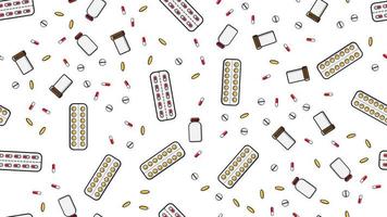 Seamless pattern texture of endless repetitive medicine tablets pills dragee capsules records cans of packs with medicines vitamins drugs on a white background flat lay top view. Vector illustration