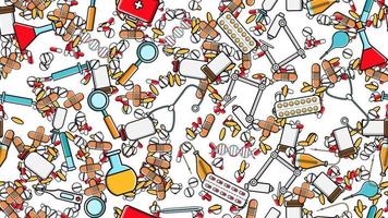 Seamless pattern texture of medicine items icons pricks pills pipettes stethoscopes tools doctor flasks capsules cans syringes on a white background flat lay top view. Vector illustration