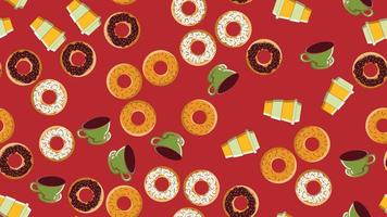 Seamless pattern, texture of different round sweet tasty donuts of hot sugary caramel chocolate and a cup of hot quick strong morning coffee for breakfast on a red background. Vector illustration