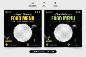 plantilla especial de oferta de descuento de comida rápida con efecto de texto amarillo y verde. vector de banner web de promoción de menú de comida de restaurante con marcadores de posición de fotos. delicioso vector de publicación de redes sociales de comida.