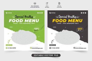 Healthy food menu social media post design with green and dark backgrounds. Restaurant food promotional poster design for digital marketing. Minimal food advertisement template vector. vector