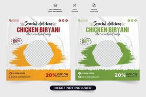 diseño de banner web de promoción de menú de comida deliciosa con colores verde y amarillo. vector de plantilla de anuncio de comida de restaurante con oferta de descuento. Publicaciones en redes sociales de alimentos y bebidas para restaurantes.