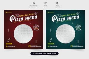 diseño moderno de plantillas promocionales de negocios de restaurantes para marketing en redes sociales. diseño de afiches publicitarios de alimentos con colores rojo oscuro y verde. banner web de restaurante y diseño de plantilla. vector