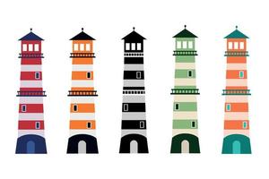 Set of multicolored lighthouse navigation object towers, template vector illustration isolated on white background.