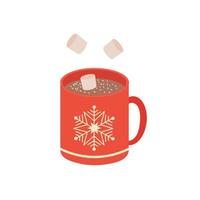 Hot chocolate with marshmallows. A cup with an ornament in the form of a snowflake. Vector illustration isolated on a white background