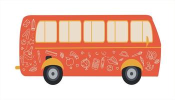 Vector design of a flat bus with doodle drawings. Hand-drawn school supplies on the bus. Back to school