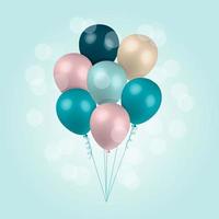 Bunch of 3d balloons, bouquet of realistic glowing balloons. Blue and pink colour. Vector illustration.