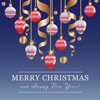 Merry Christmas square banner, poster. Festive greeting card with baubles, gold confetti and sparklings. Vector illustration.