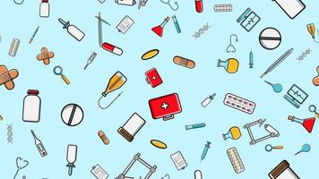 Seamless pattern texture of medicine items icons pricks pills pipettes stethoscopes tools doctor flasks capsules cans syringes on a blue background flat lay top view. Vector illustration