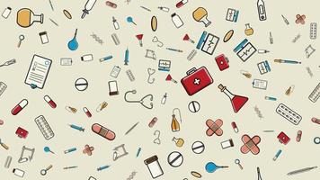 Seamless pattern texture of medicine items icons pricks pills pipettes stethoscopes tools doctor flasks capsules syringe cans on a gray background flat lay top view. Vector illustration