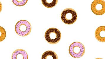 Seamless pattern, texture from different round sweet flour tasty fresh hot donuts, pastries, sugar-coated cookies in chocolate candy caramel candy on a white background. Vector illustration