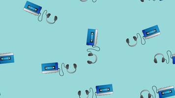 Seamless pattern of retro old hipster music audio cassette players from the 70s, 80s, 90s, 2000s on a blue background vector