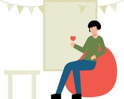 The girl is sitting on the couch drinking wine. vector