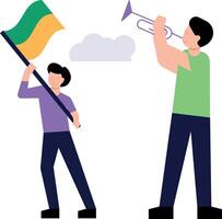 Boys hold sports flags and trumpets. vector