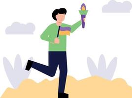 Boy running with sports flag and fire torch. vector
