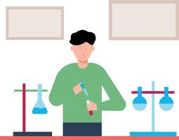 A boy is doing science experiments in a laboratory. vector