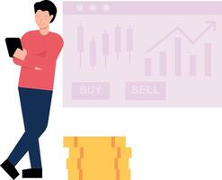 Boy watching stock market on web page. vector