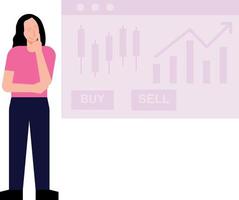 The girl is thinking about buying and selling stock market shares. vector