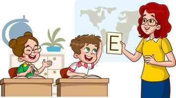 happy cute little kids boy and girl study with teacher.illustrations of cheerful children's school life. vector