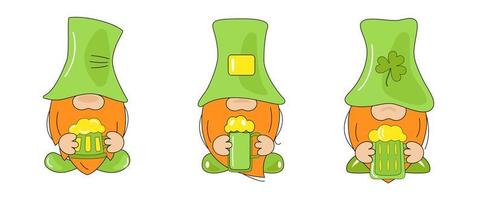 St. Patrick's Day Irish gnomes with mug beer for good luck. Cartoon gnomes isolated on white background. Vector Illustration